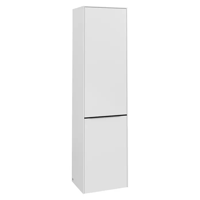 Villeroy & Boch Subway 3.0 Hochschrank - B x T x H: 40 x 36,2 x 171 cm, 1x Klappe mit Wäschekorb, 1x Tür, Pure White, Farbe Griff: Volcano black, DIN Anschlag: Links - Ein schmaler, weißer Hochschrank mit zwei Türen und einem minimalistischen, horizontalen Griff. Ideal für moderne Einrichtungen.