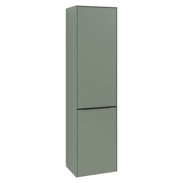 Villeroy & Boch Subway 3.0 Hochschrank - B x T x H: 40 x 36,2 x 171 cm, 1x Klappe mit Wäschekorb, 1x Tür, Soft Green, Farbe Griff: Volcano black, DIN Anschlag: Links - Produktansicht eines modernen, zweitürigen Schranks in elegantem Grün, perfekt für stilvolle Stauraumlösungen.