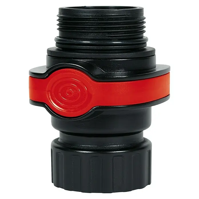 Einhell Schnellverbinder - 47,8 mm (1½ “) IG, Passend für: Einhell Elektro-Schmutzwasser- und Klarwasserpumpen - Nahaufnahme eines schwarzen Schlauchverbinders mit rotem Griff. Ideal für Bewässerungssysteme und Gartenschläuche mit sicherer Abdichtung.