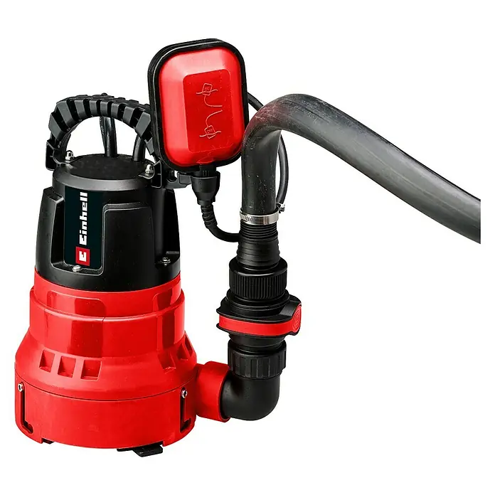 Einhell Schnellverbinder - 47,8 mm (1½ “) IG, Passend für: Einhell Elektro-Schmutzwasser- und Klarwasserpumpen - Abbildung einer roten und schwarzen Einhell-Schmutzwasserpumpe mit einem schwarzen Schlauch und einem roten Schwimmerschalter.