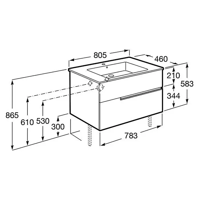 Roca Conjunto de mueble de baño Unik Borneo-N 2C - Ancho: 80 cm, Walnut, 2 pzs. - Un diagrama detallado de un mueble de baño con lavabo, incluyendo dimensiones para el ancho, el alto y la profundidad del mueble.
