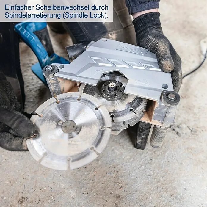 Scheppach Mauernutfräse MNF2250 - 2.250 W, Durchmesser Scheibe: 125 mm - Einfacher Scheibenwechsel dank Spindelarretierung bei der Mauernutfräse. Praktisch für schnelles und unkompliziertes Arbeiten.