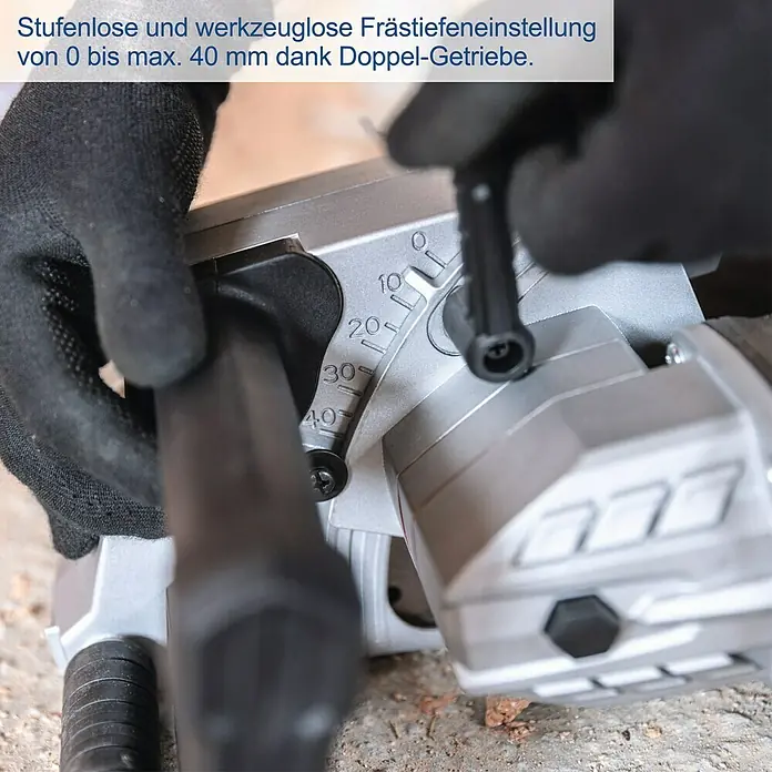 Scheppach Mauernutfräse MNF2250 - 2.250 W, Durchmesser Scheibe: 125 mm - Detailaufnahme einer Mauernutfräse mit stufenloser Frästiefeneinstellung von 0 bis 40 mm.