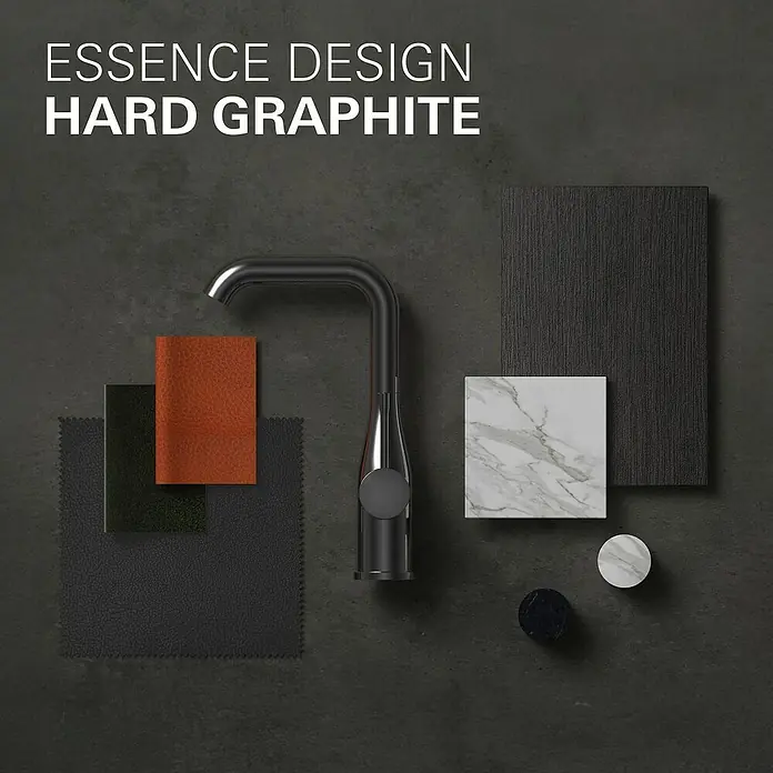 Grohe Essence Waschtischarmatur M - Wandmontage, Hard Graphite, Matt - Essence Design Hard Graphite: Ein edles Waschbecken mit einer eleganten Auswahl an Materialien in harmonischen Grautönen.
