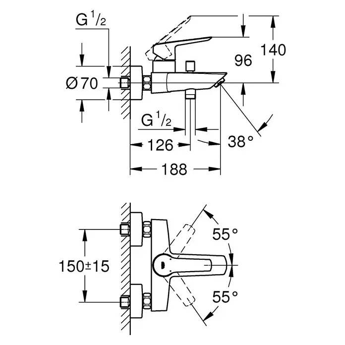 Grohe Start Badewannenarmatur - Ausladung Armatur: 18,8 cm, Schwarz, Matt - Schemazeichnung einer Armatur mit Maßangaben, einschließlich Höhe (140 mm) und Ausladung (188 mm), für Installationsdetails.