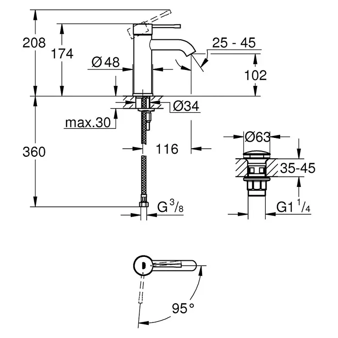 Grohe Essence New Grifo de lavabo - Alta presión, Cromado, Resplandeciente - Dibujo técnico de un grifo con dimensiones, incluyendo altura, alcance del caño y diámetro de varios componentes.