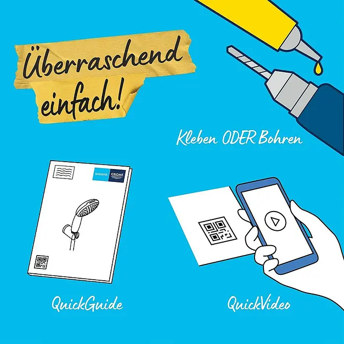 Grohe QuickFix Vitalio Start Brause-Set - Anzahl Strahlarten: 2 Stk., Durchmesser Handbrause: 11 cm - Illustration von Grohe QuickGuide und QuickVideo Anleitungen, die Kleben oder Bohren für die Installation von Produkten erklären.