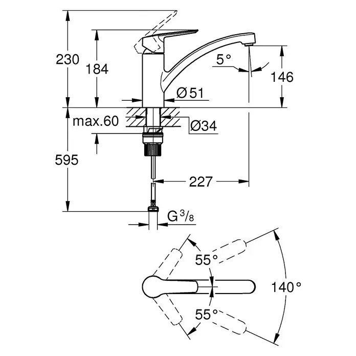 Grohe QuickFix Start Spültischarmatur - Ausladung Armatur: 227 mm, Schwarz, Schwenkbereich: 140 ° - Technische Zeichnung einer Küchenarmatur mit Maßangaben zu Höhe, Ausladung und Durchmesser für die Montage.