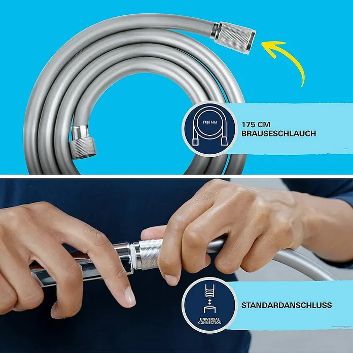 Grohe QuickFix Vitalio Start Brause-Set - Anzahl Strahlarten: 2 Stk., Durchmesser Handbrause: 11 cm - Bild einer 175 cm langen Brauseschlauchgarnitur mit universellem Standardanschluss für eine einfache und sichere Verbindung.