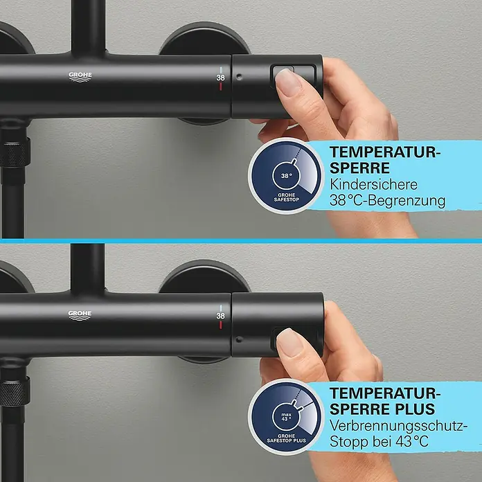 Grohe Start Brausethermostat Precision - Matt, Schwarz - Thermostat-Brausearmatur von Grohe mit SafeStop- und SafeStop Plus-Funktion zur Begrenzung der Wassertemperatur auf 38°C bzw. 43°C.