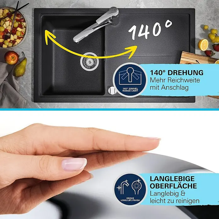 Grohe QuickFix Spültischarmatur Start - Ausladung Armatur: 227 mm, Chrom, Schwenkbereich: 140 ° - Schwarze Spüle mit einer Armatur, die einen Schwenkbereich von 140 Grad hat und eine langlebige, leicht zu reinigende Oberfläche besitzt.