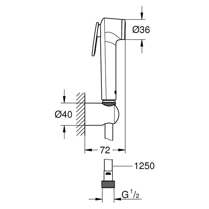 Grohe Brause-Set Vitalio Trigger Spray 30 - Chrom, Glänzend - Abbildung einer Bidetbrause mit Maßangaben. Die Bidetbrause hat einen Durchmesser von 36 mm und eine Länge des Schlauches von 1250 mm.