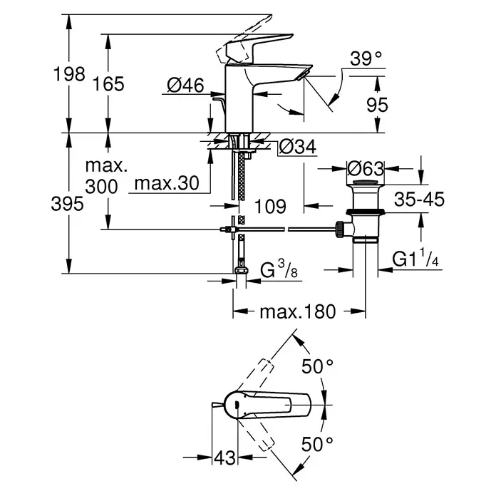 Grohe QuickFix Grifo de lavabo - Cromo, Brillante - Un dibujo técnico detallado de un grifo con todas las dimensiones y ángulos para la instalación.