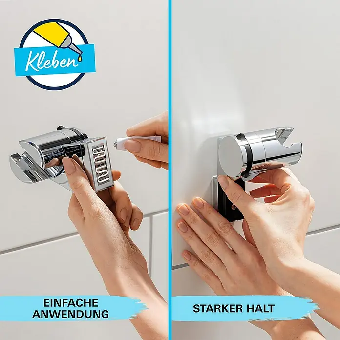 Grohe QuickFix Vitalio Start Brause-Set - Anzahl Strahlarten: 2 Stk., Durchmesser Handbrause: 11 cm - Bild zeigt die Montage einer Duschkopfhalterung mit Kleber. Einfache Anbringung und starker Halt des Duschkopfhalters durch Kleben.
