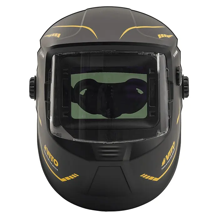 Vito Casco de soldadura - Nivel de protección: 9 ud. - 13 ud., Oscurecimiento ajustable - Un casco de soldadura auto-oscurecimiento negro con detalles amarillos y una ventana de visualización clara.