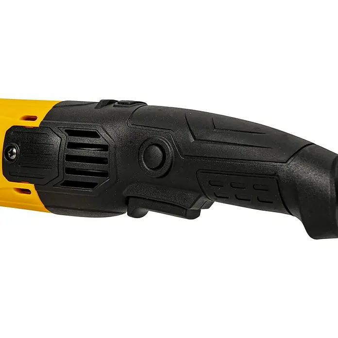 Vito Amoladora angular eléctrica VIRE12510A - 1.000 W, Diámetro disco: 125 mm, Número de revoluciones de marcha en vacío: 11.500 r.p.m. - Primer plano de un mango de herramienta eléctrica amarillo y negro con superficie texturizada para un mejor agarre.
