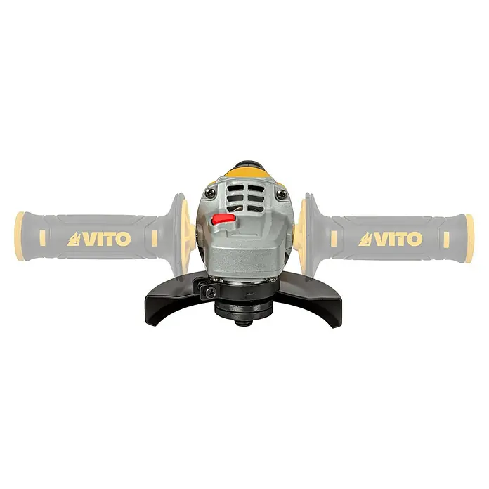 Vito Amoladora angular eléctrica VIRE12510A - 1.000 W, Diámetro disco: 125 mm, Número de revoluciones de marcha en vacío: 11.500 r.p.m. - Primer plano de una amoladora angular VITO con mangos auxiliares, un interruptor de seguridad rojo y una caperuza protectora negra.