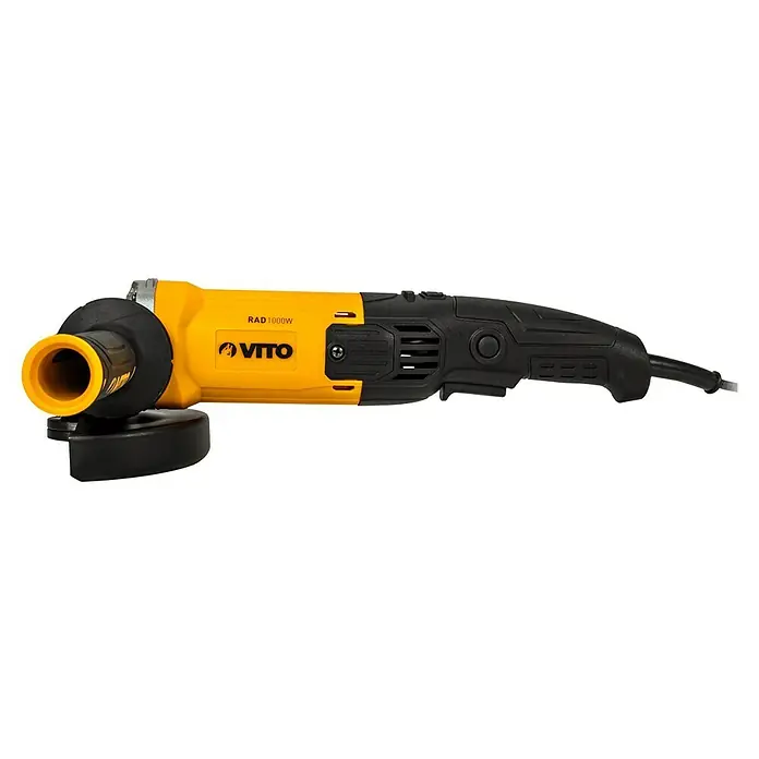 Vito Amoladora angular eléctrica VIRE12510A - 1.000 W, Diámetro disco: 125 mm, Número de revoluciones de marcha en vacío: 11.500 r.p.m. - En la imagen se ve una amoladora angular VITO amarilla y negra, una herramienta potente para esmerilar y cortar materiales diversos.