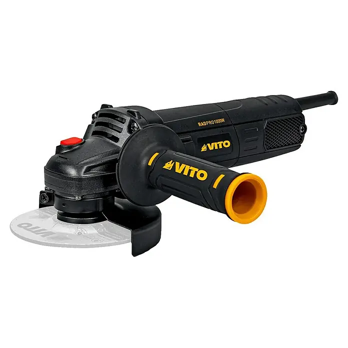 Vito Amoladora angular eléctrica VIRE11510 - 1.000 W, Diámetro disco: 115 mm, Número de revoluciones de marcha en vacío: 11.000 r.p.m. - Imagen de una amoladora angular de la marca VITO, modelo RADPRO1000W en negro, con detalles amarillos en el mango y el logotipo.