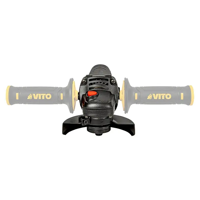 Vito Amoladora angular eléctrica VIRE11510 - 1.000 W, Diámetro disco: 115 mm, Número de revoluciones de marcha en vacío: 11.000 r.p.m. - Imagen de una amoladora angular VITO negra con detalles amarillos en las empuñaduras.