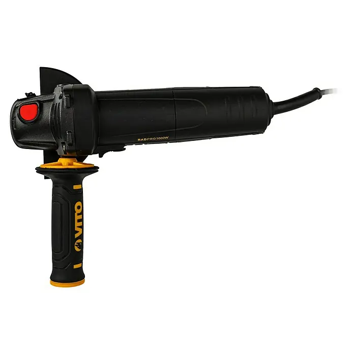 Vito Amoladora angular eléctrica VIRE11510 - 1.000 W, Diámetro disco: 115 mm, Número de revoluciones de marcha en vacío: 11.000 r.p.m. - Imagen de una amoladora negra VITO RADPRO 1000W con mango amarillo para aplicaciones de amolado versátiles.