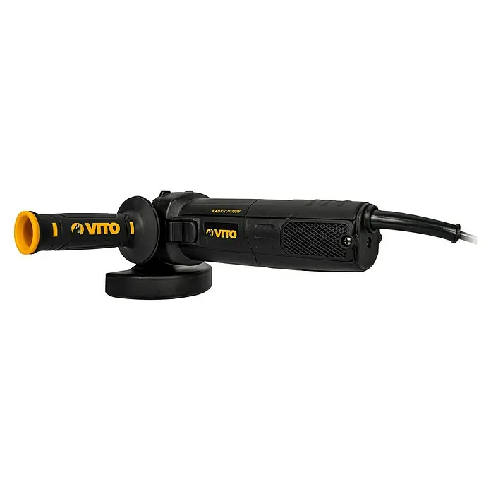 Vito Amoladora angular eléctrica VIRE11510 - 1.000 W, Diámetro disco: 115 mm, Número de revoluciones de marcha en vacío: 11.000 r.p.m. - Primer plano de una amoladora angular de la marca Vito, modelo RADPRO1000W, ideal para trabajos de esmerilado y tratamiento de superficies.