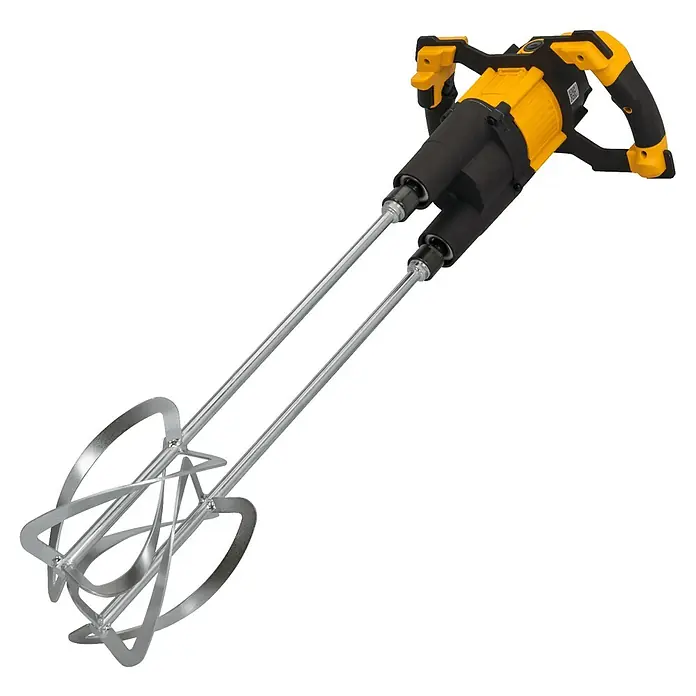 Vito Mezclador de pintura y mortero VIMCCD2050 - 2.050 W, 480 r.p.m. - 840 r.p.m., M 14 - Un mezclador de doble eje amarillo y negro para tareas de mezcla pesadas. Ideal para proyectos de construcción y aficionados al bricolaje.