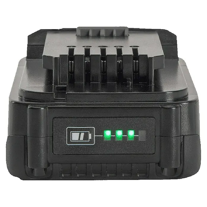 Vito Batería - 20 V, 4 Ah, Iones de litio - Primer plano de una batería negra para herramientas eléctricas con indicador de nivel de carga.