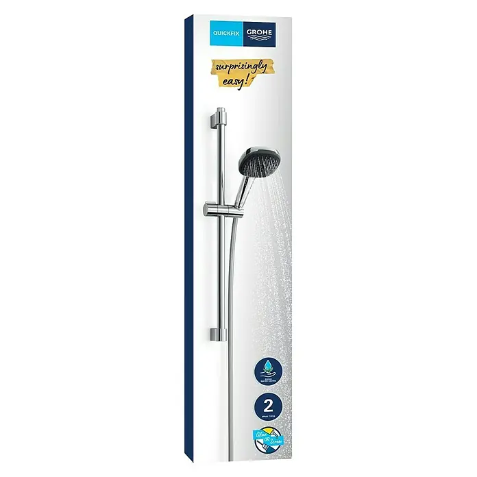 Grohe QuickFix Brausegarnitur - Lochabstand: 47 cm - 62 cm, Anzahl Strahlarten: 2 Stk. - Abbildung einer Grohe Quickfix Duschgarnitur mit Brausestange und Handbrause, die mühelos eine angenehme Dusche ermöglicht.
