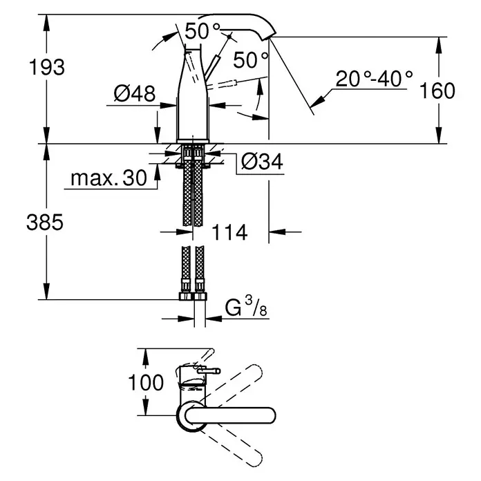 Grohe Essence Grifo de lavabo M-Size - Cromo, Resplandeciente - Imagen con dimensiones de un grifo, incluyendo altura total (385 mm), alcance del caño (114 mm) y diámetro (Ø48 mm).