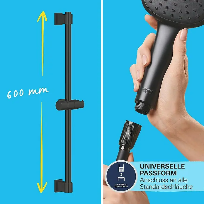 Grohe QuickFix Vitalio Start Brausegarnitur 110 - Lochabstand: 47 cm - 62 cm, Anzahl Strahlarten: 2 Stk., Schwarz - Duschstangenset mit 600 mm Länge und universeller Passform für alle Standardschläuche, ideal für jedes Badezimmer.