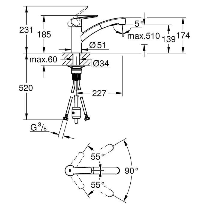 Grohe QuickFix Start Spültischarmatur - Schwarz, Schwenkbar, Matt - Eine detaillierte Zeichnung eines Wasserhahns mit Maßangaben zu Höhe, Durchmesser und anderen relevanten Abmessungen.