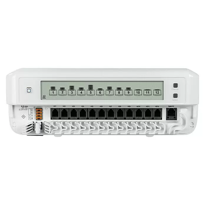 Homematic IP Regulador para suelos radiantes HmIP-FALMOT-C12 - Blanco, Suelo radiante por agua, máximo 12 zonas de calefacción - Unidad de control electrónica blanca con pantalla para 12 canales, puertos RJ45 HZ1-HZ12 y bloque de terminales de 24V.