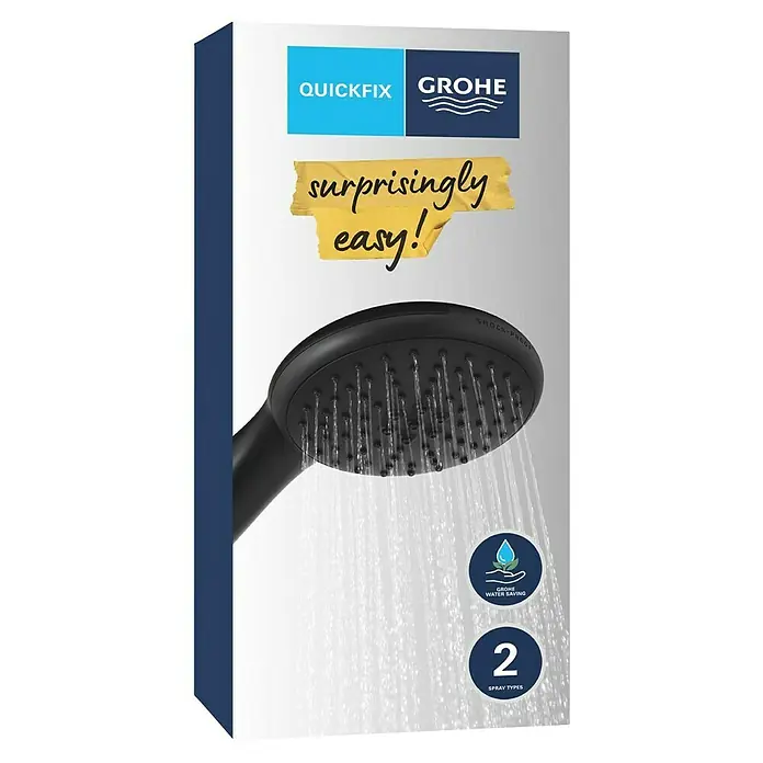 Grohe QuickFix Vitalio Start Handbrause 110 - Anzahl Funktionen: 2 Stk., Schwarz - Eine Grohe Quickfix Duschkopf-Verpackung mit dem Slogan „überraschend einfach!“ und den Highlights 2 Strahlarten und Wassersparen.