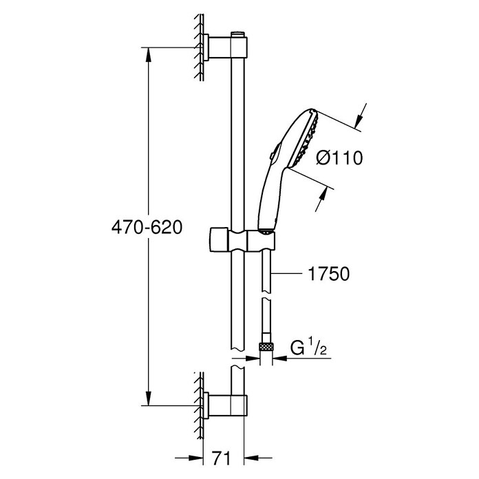 Grohe QuickFix Vitalio Start Conjunto de ducha (Distancia entre orificios: 47 cm - 62 cm, Cromo, Número de tipos de chorro: 3 ud.) | BAUHAUS
