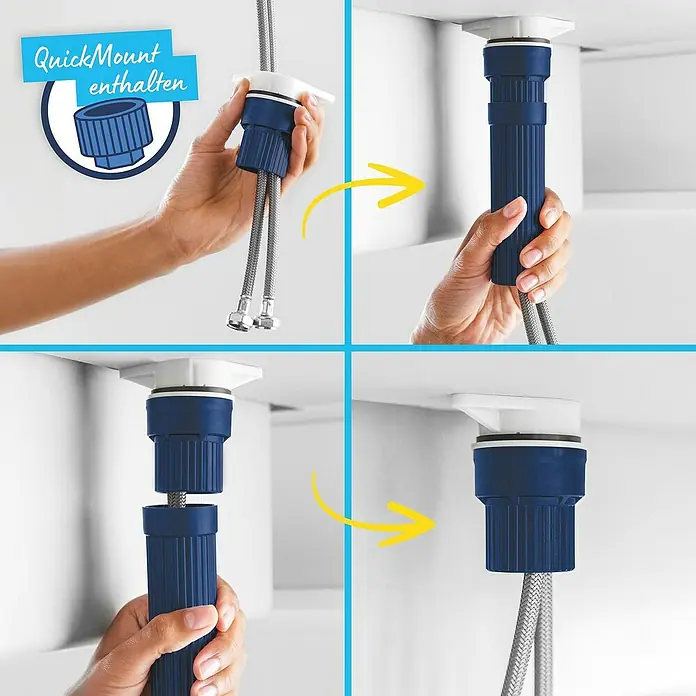 Grohe QuickFix Start Spültischarmatur - Schwarz, Schwenkbar, Matt - Bildmontage der Installation eines Waschbeckenablaufs mit QuickMount-System.