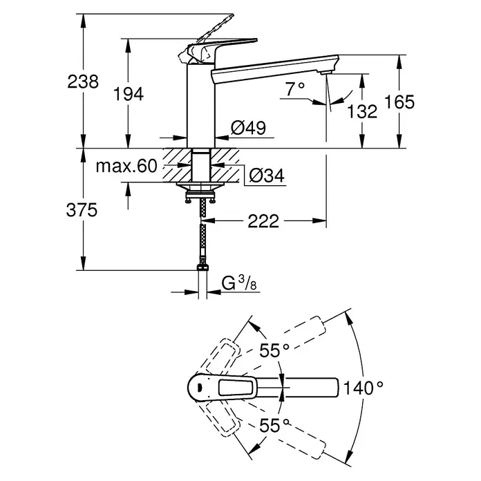 Grohe QuickFix Start Loop Grifo de cocina - Profundidad del grifo: 222 mm, Cromo, Brillo intenso - Dibujo técnico de un grifo que muestra las medidas para la instalación y el diseño, incluidos ángulos y diámetros.