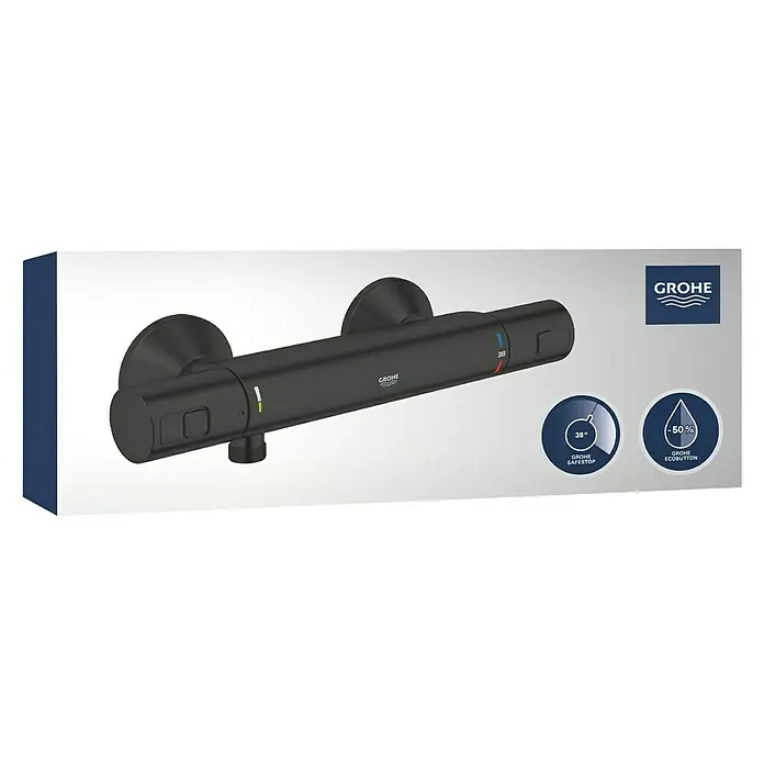 Grohe Start Brausethermostat Precision - Matt, Schwarz - Bild eines schwarzen Grohe Duschthermostats mit den zugehörigen Logos.