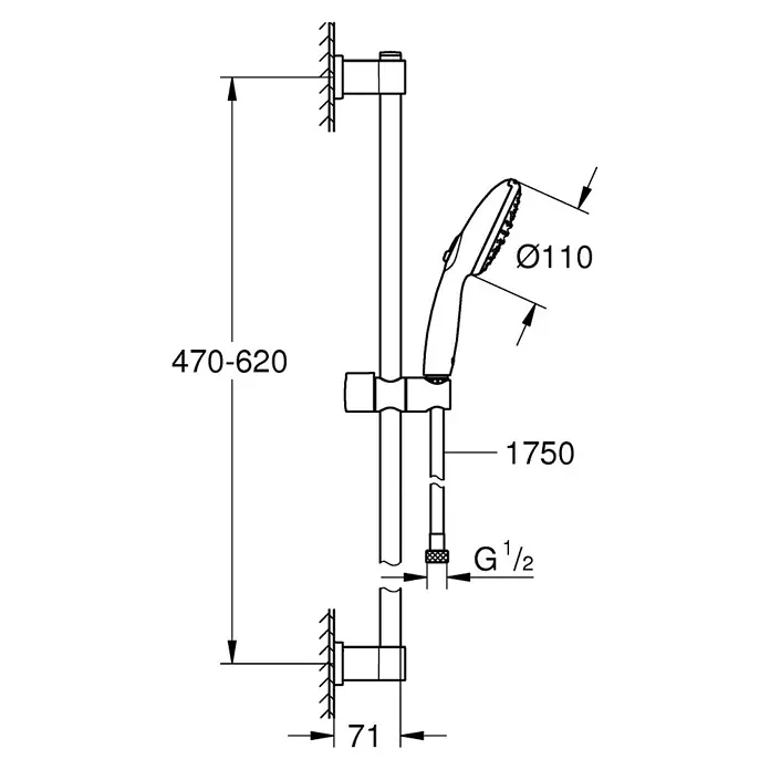 Grohe QuickFix Vitalio Start Conjunto de ducha - Distancia entre orificios: 47 cm - 62 cm, Número de tipos de chorro: 2 ud., Cromo - Dibujo detallado de una barra de ducha con ducha de mano, incluyendo dimensiones y medidas de instalación.