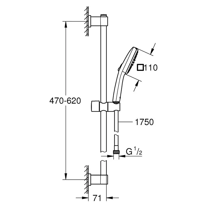 Grohe QuickFix Brausegarnitur - Lochabstand: 47 cm - 62 cm, Anzahl Strahlarten: 2 Stk. - Technische Zeichnung einer Duschstange mit Handbrause und den Maßen 470-620 mm Höhe und 71 mm Ausladung.