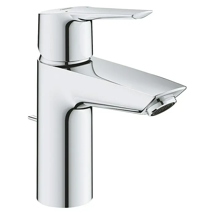 Grohe QuickFix Grifo de lavabo - Cromo, Brillante - Primer plano de un grifo de baño moderno y brillante con líneas limpias y un diseño minimalista.