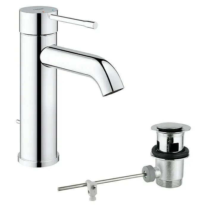 Grohe Essence New Waschtischarmatur S-Size - Mit Zugstange, Chrom, Glänzend - Eine glänzende, moderne Armatur mit dazugehörigem Ablaufventil. Die Armatur ist aus Chrom und hat ein minimalistisches Design.
