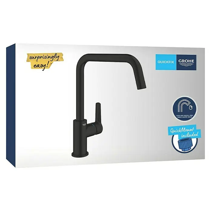 Grohe Start Spültischarmatur - Ausladung Armatur: 228 mm, Schwarz, Matt - Nahaufnahme einer schwarzen Küchenarmatur der Marke Grohe mit QuickFix-System und QuickMount-Befestigung für einfache Installation.