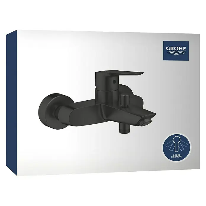Grohe Start Badewannenarmatur - Ausladung Armatur: 18,8 cm, Schwarz, Matt - Produktbild einer Grohe Armatur in Schwarz, verpackt in einem Karton, mit dem Grohe Logo und einem Hinweis auf die SilkMove Technologie.