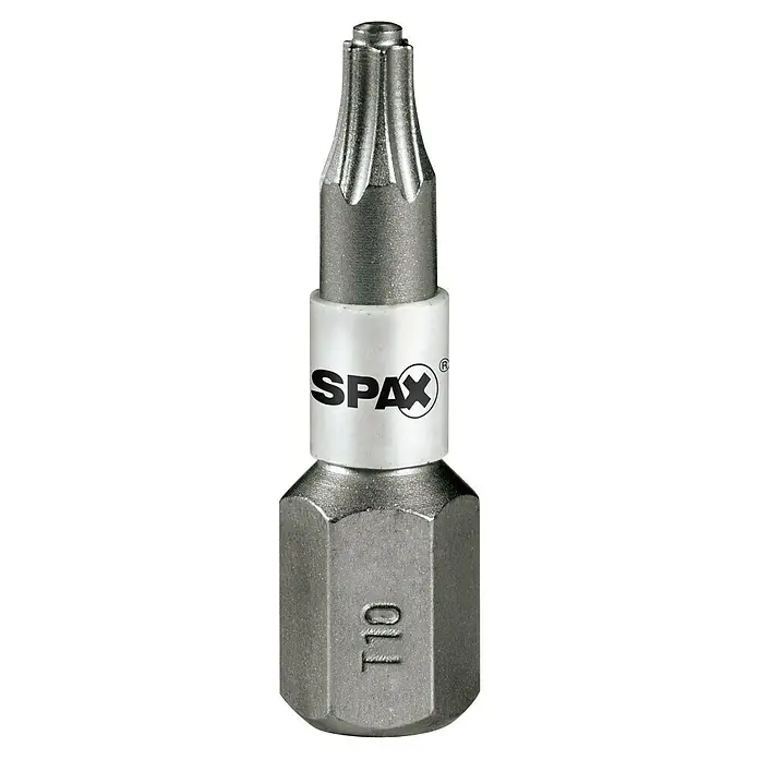 Spax Bit T-Star plus - T10, 1 Stk. - Das Bild zeigt einen SPAX T10 Bit, ein hochwertiges Werkzeug für Schraubarbeiten. Der Bit ist robust und präzise gefertigt für optimale Leistung.