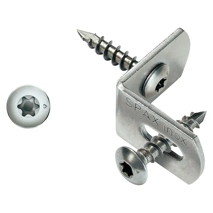 Spax Zaunverbinder T-Star plus - Ø x L: 7 x 35 mm, Edelstahl, 12 Stk., Flachrundkopf - Nahaufnahme einer SPAX Inox Winkellasche mit passenden Schrauben, ideal für robuste und korrosionsbeständige Verbindungen im Außenbereich.