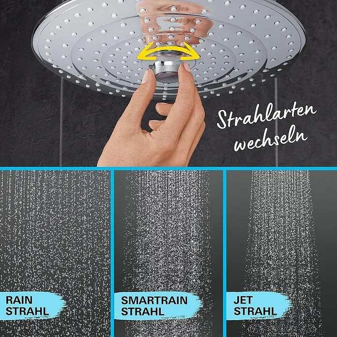Grohe Vitalio Joy Duschsystem 260 - Mit Thermostatarmatur, Lochabstand: 100,5 cm, Anzahl Strahlarten: 3 Stk., Chrom - Duschkopf mit verschiedenen Strahlarten: Rain, Smartrain und Jet. Der Duschkopf kann gedreht werden, um die Strahlart zu wechseln.