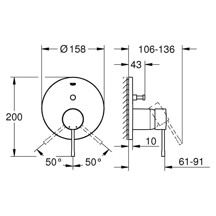 Grohe Essence UP-Badewannenarmatur - Chrom, Glänzend - Maßzeichnung der Grohe Eurocube Waschtischarmatur zur Wandmontage, mit allen Maßen für die Installation und Montage.