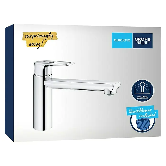 Grohe QuickFix Start Loop Spültischarmatur - Ausladung Armatur: 222 mm, Chrom, Hochglänzend - Produktbild einer glänzenden GROHE Armatur mit QuickFix-System, die überraschend einfach zu montieren ist und einen 140°-Schwenkbereich bietet.