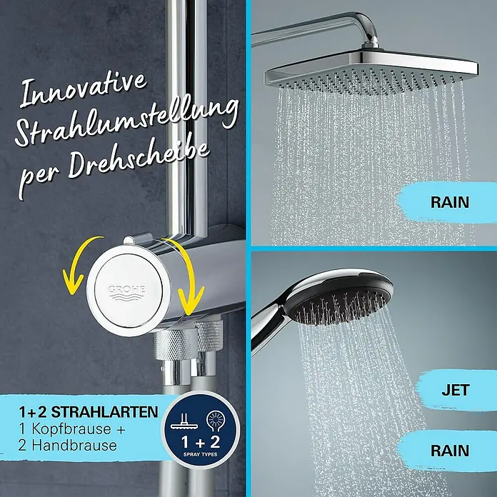 Grohe Brausegarnitur Vitalo Start 250 - Lochabstand: 62 cm, Art Strahl: Rain, SmartRain, Jet, Chrom - Dieses Bild zeigt eine Grohe Duschgarnitur mit verschiedenen Strahlarten, die über eine Drehscheibe eingestellt werden können.